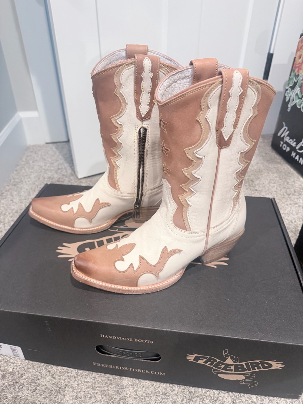 freebird Cream and Tan Western Lace-Up Zip Heeled Boots - Picture 9 of 10